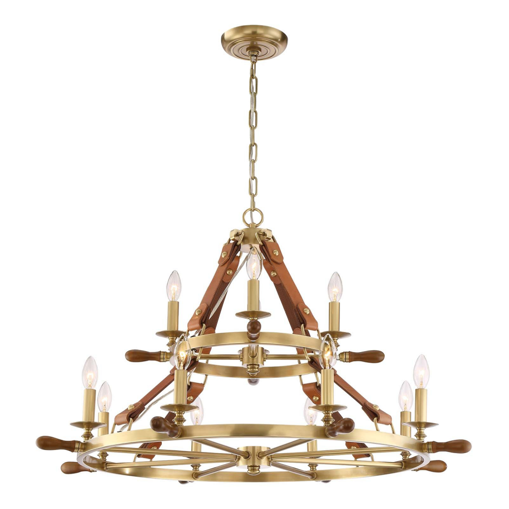 12-Light 38&#34; Nautical 2-Tier Leather & Real Wood Candle Chandelier