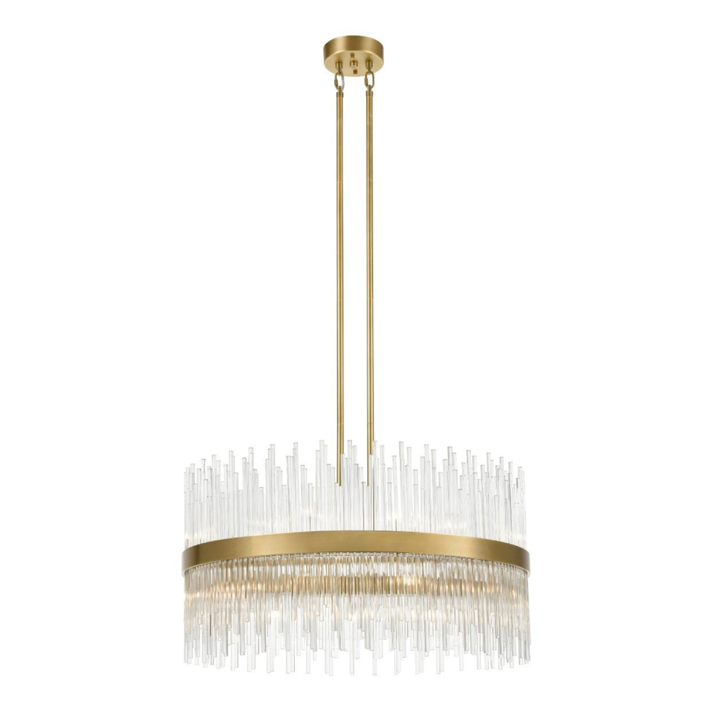 22-Light 32&#34; Sleek Aged Brass Band Drum Shade Crystal Chandelier